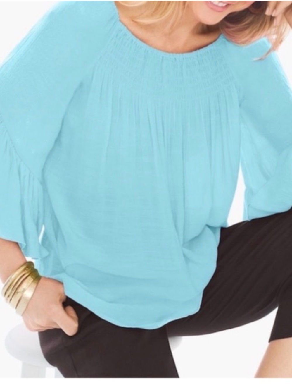 Chico's Aqua Smocked Yoke Peasant Blouse
